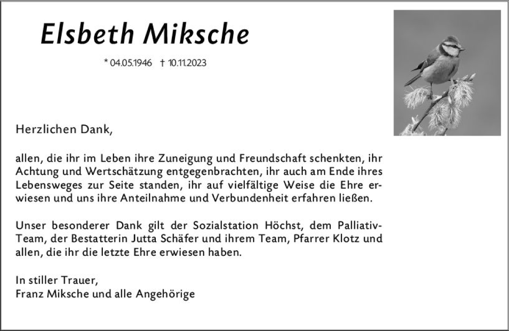  Traueranzeige für Elsbeth Miksche vom 27.01.2024 aus Odenwälder Echo