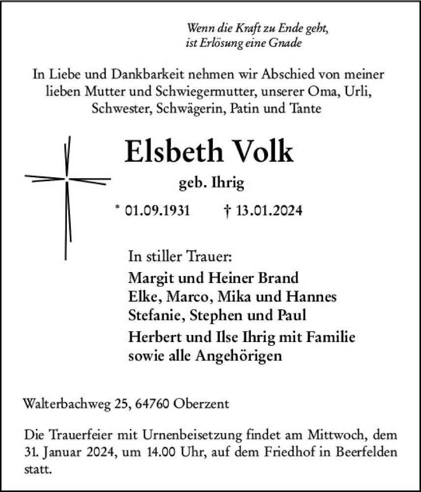  Traueranzeige für Elsbeth Volk vom 27.01.2024 aus Odenwälder Echo