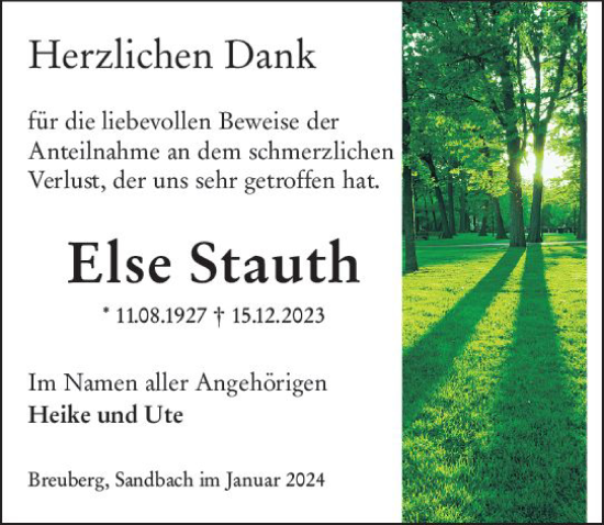 Traueranzeige von Else Stauth von Odenwälder Echo