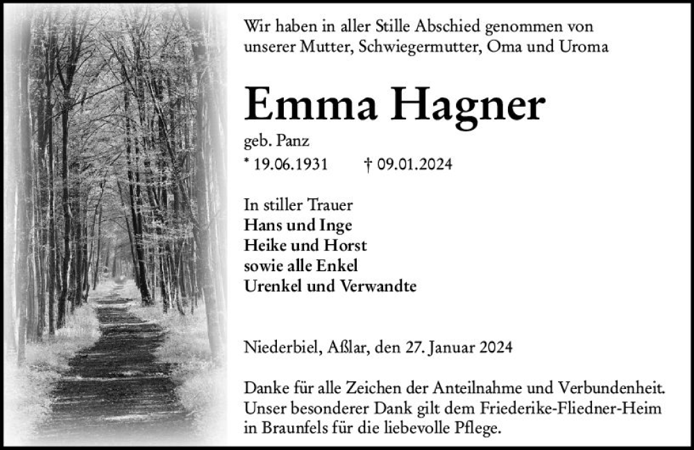  Traueranzeige für Emma Hagner vom 27.01.2024 aus Wetzlarer Neue Zeitung