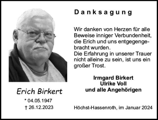 Traueranzeige von Erich Birkert von Odenwälder Echo