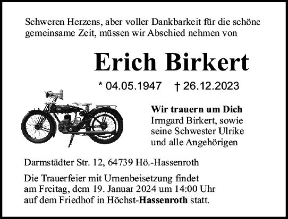  Traueranzeige für Erich Birkert vom 13.01.2024 aus Odenwälder Echo