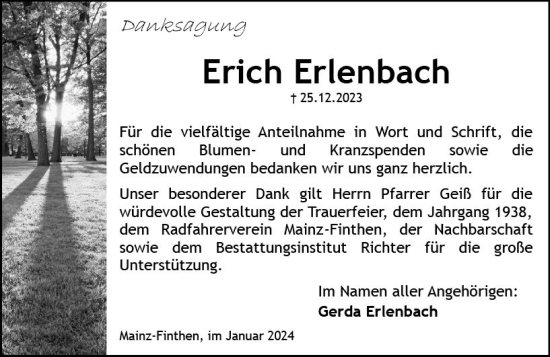 Traueranzeige von Erich Erlenbach von Allgemeine Zeitung Mainz