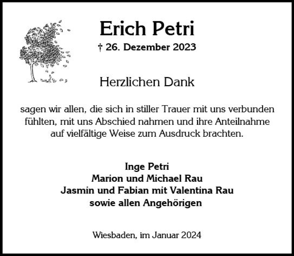  Traueranzeige für Erich Petri vom 20.01.2024 aus Wiesbadener Kurier