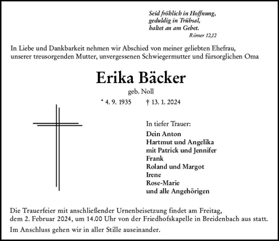 Traueranzeige von Erika Bäcker von Hinterländer Anzeiger
