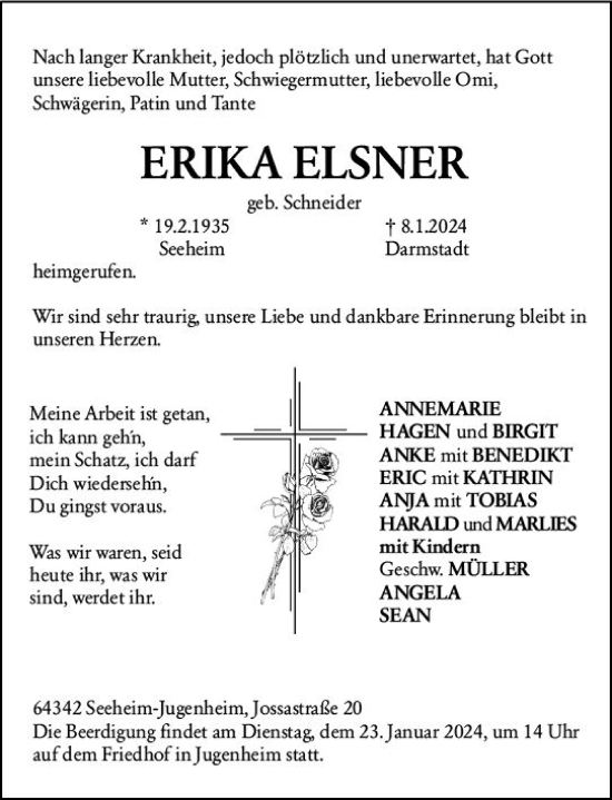 Traueranzeige von Erika Elsner von Darmstädter Echo