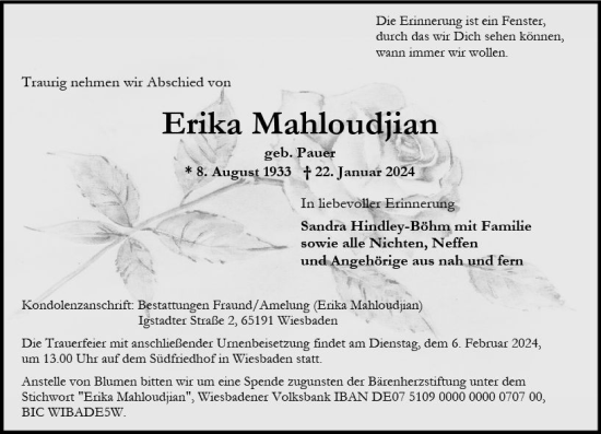 Traueranzeige von Erika Mahloudjian von Wiesbadener Kurier