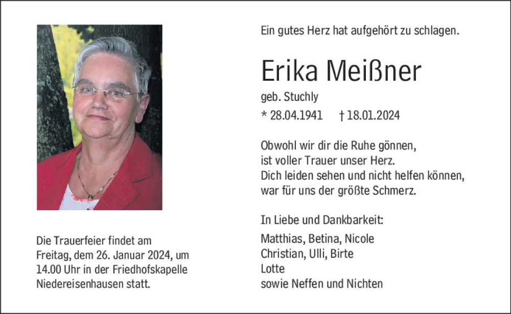  Traueranzeige für Erika Meißner vom 23.01.2024 aus Hinterländer Anzeiger