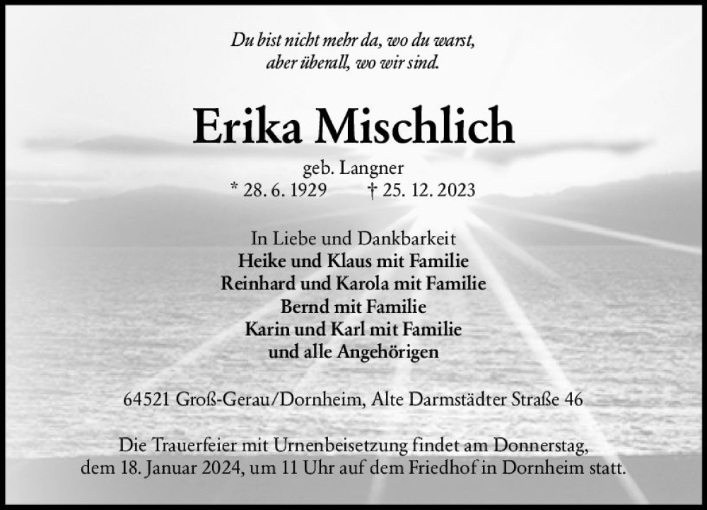  Traueranzeige für Erika Mischlich vom 13.01.2024 aus Groß-Gerauer Echo