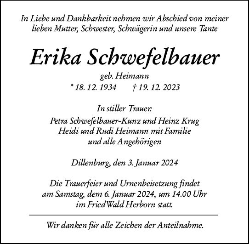  Traueranzeige für Erika Schwefelbauer vom 03.01.2024 aus Dill Block
