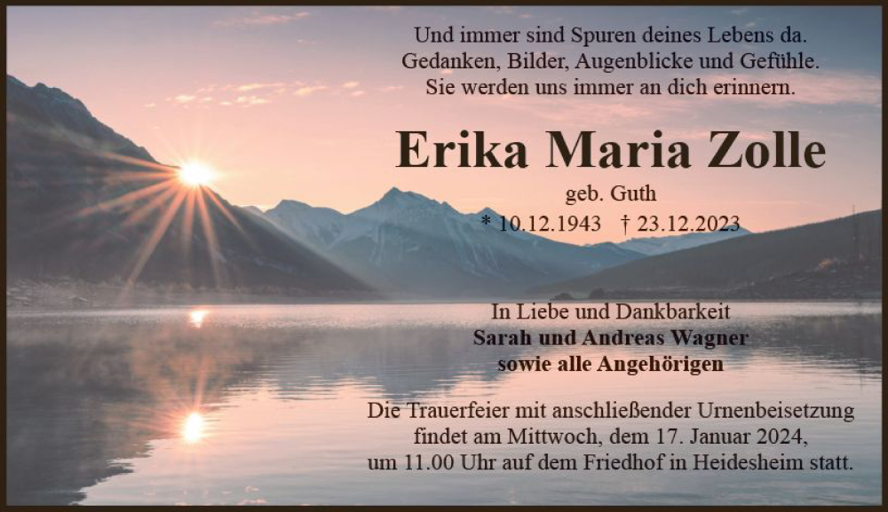  Traueranzeige für Erika Maria Zolle vom 13.01.2024 aus Allgemeine Zeitung Bingen/Ingelheim