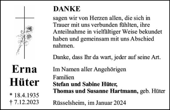 Traueranzeige von Erna Hüter von Rüsselsheimer Echo