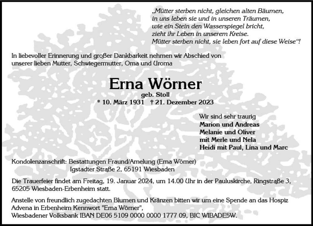  Traueranzeige für Erna Wörner vom 06.01.2024 aus Wiesbadener Kurier