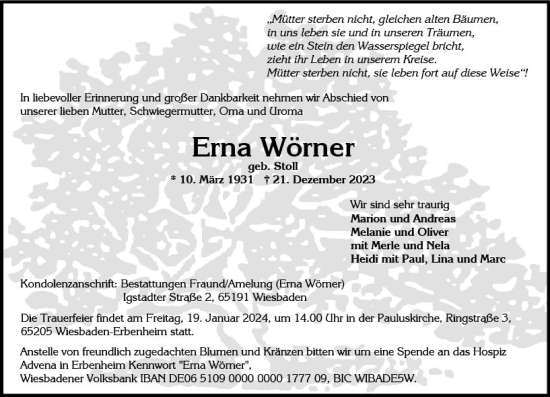 Traueranzeige von Erna Wörner von Wiesbadener Kurier