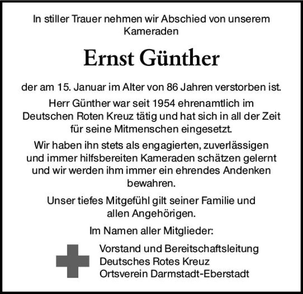  Traueranzeige für Ernst Günther vom 31.01.2024 aus Darmstädter Echo