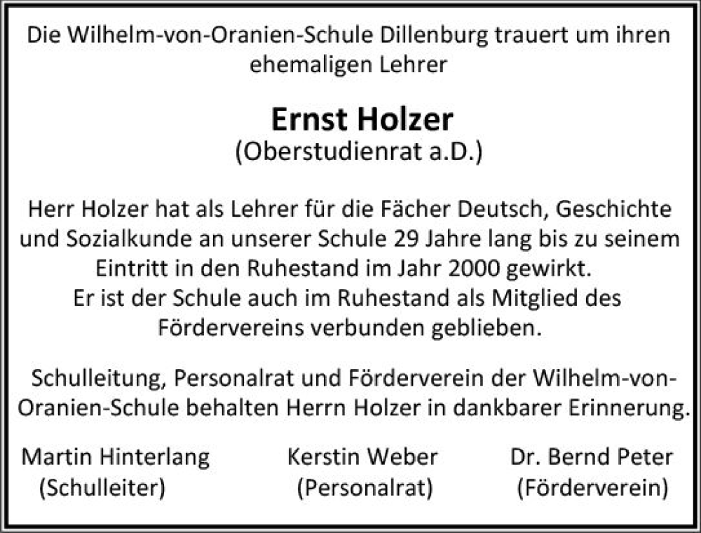  Traueranzeige für Ernst Holzer vom 20.01.2024 aus Dill Block