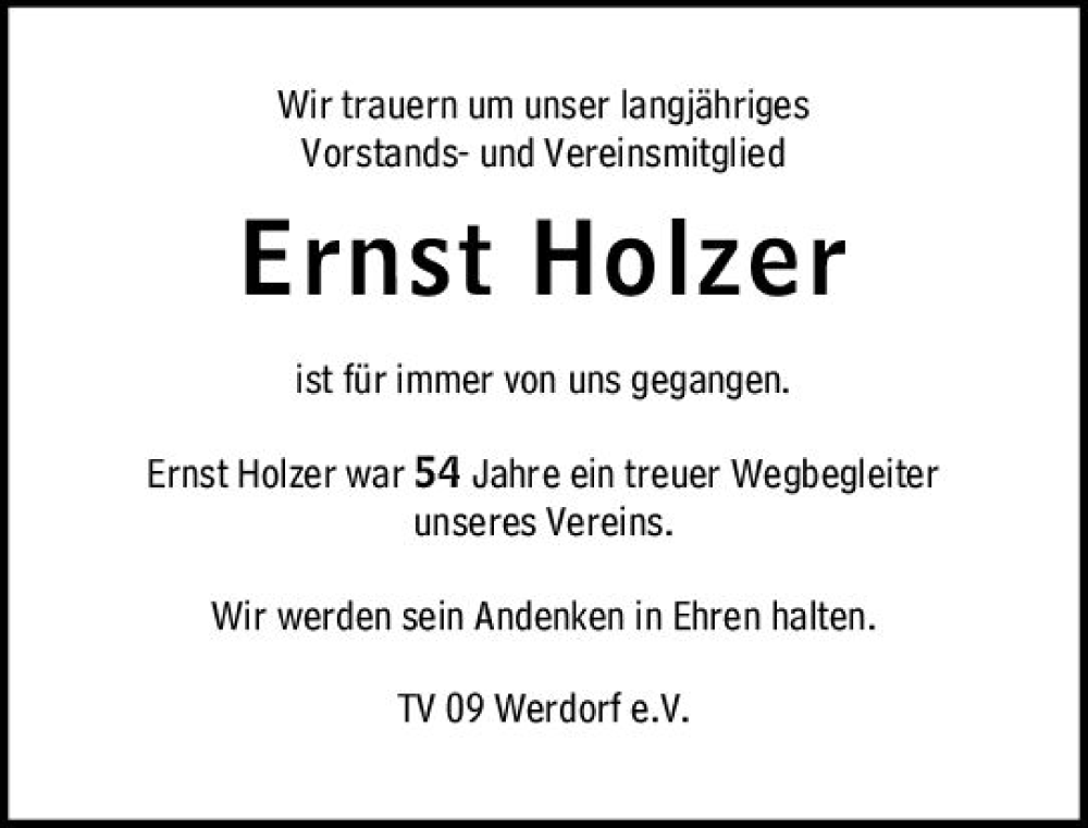  Traueranzeige für Ernst Holzer vom 26.01.2024 aus Wetzlarer Neue Zeitung