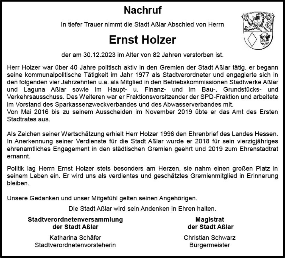  Traueranzeige für Ernst Holzer vom 20.01.2024 aus Wetzlarer Neue Zeitung