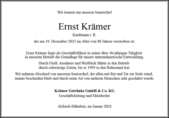 Traueranzeige von Ernst Krämer von Bergsträßer Anzeiger
