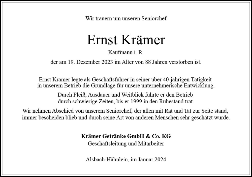  Traueranzeige für Ernst Krämer vom 06.01.2024 aus Bergsträßer Anzeiger