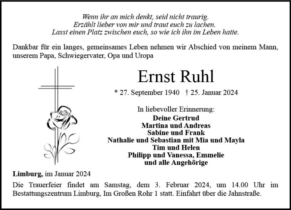  Traueranzeige für Ernst Ruhl vom 27.01.2024 aus Nassauische Neue Presse