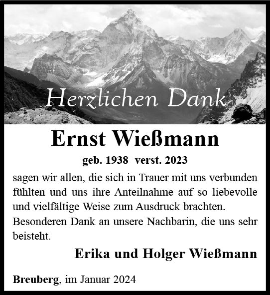  Traueranzeige für Ernst Wießmann vom 13.01.2024 aus Odenwälder Echo