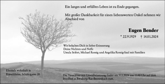 Traueranzeige von Eugen Bender von Rüsselsheimer Echo