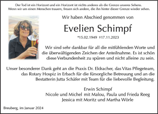 Traueranzeige von Evelien Schimpf von Odenwälder Echo