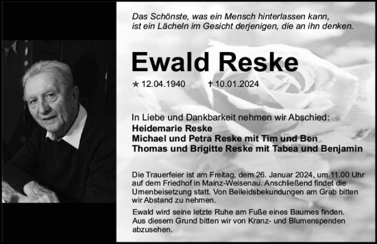 Traueranzeige von Ewald Reske von Allgemeine Zeitung Mainz
