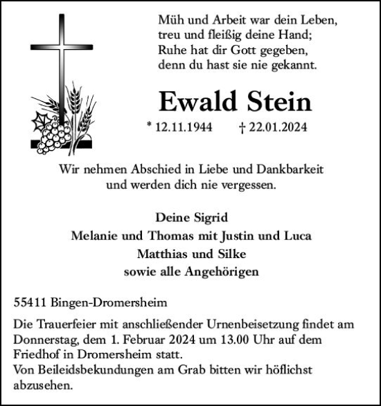 Traueranzeige von Ewald Stein von Allgemeine Zeitung Bingen/Ingelheim