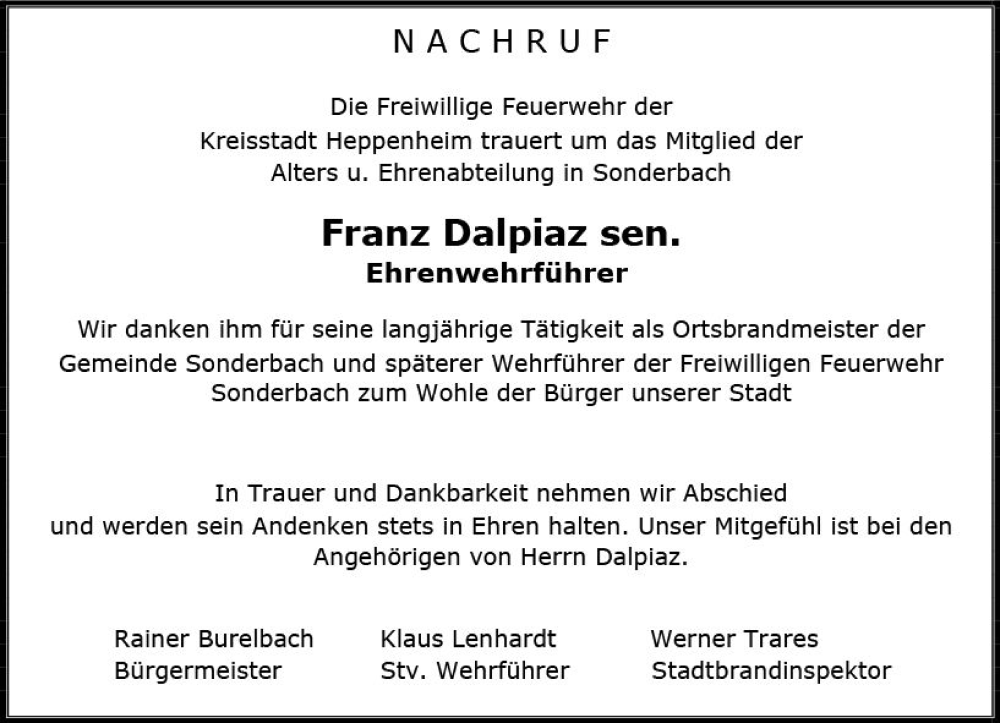  Traueranzeige für Franz Dalpiaz vom 05.01.2024 aus Starkenburger Echo