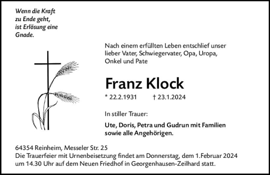 Traueranzeige von Franz Klock von Darmstädter Echo