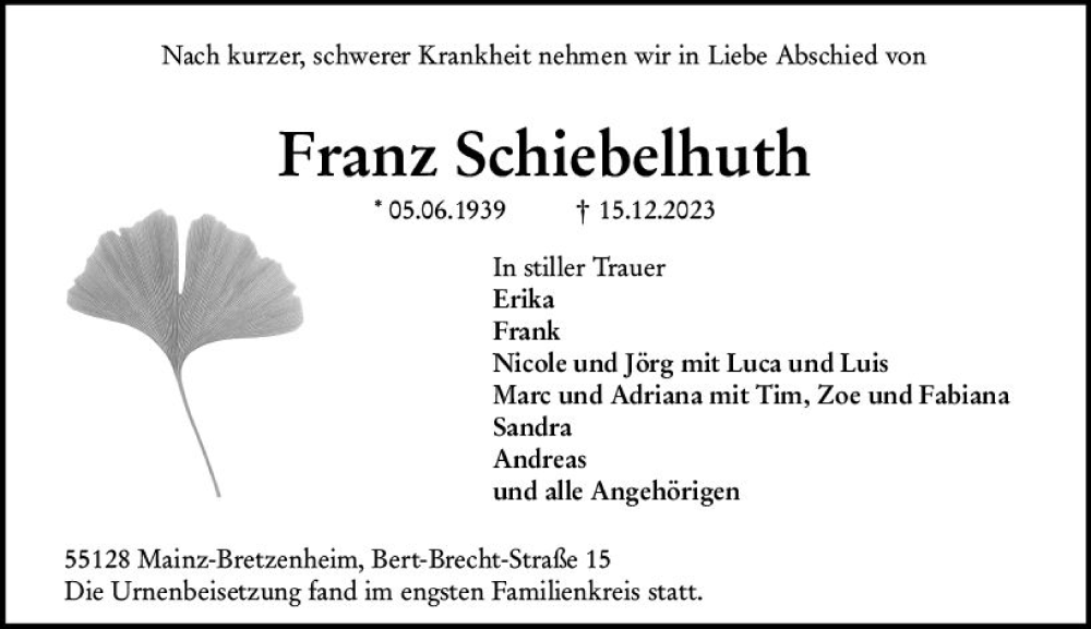  Traueranzeige für Franz Schiebelhuth vom 13.01.2024 aus Allgemeine Zeitung Mainz