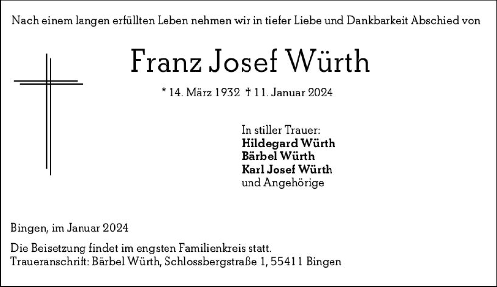  Traueranzeige für Franz Josef Würth vom 13.01.2024 aus Allgemeine Zeitung Bingen/Ingelheim