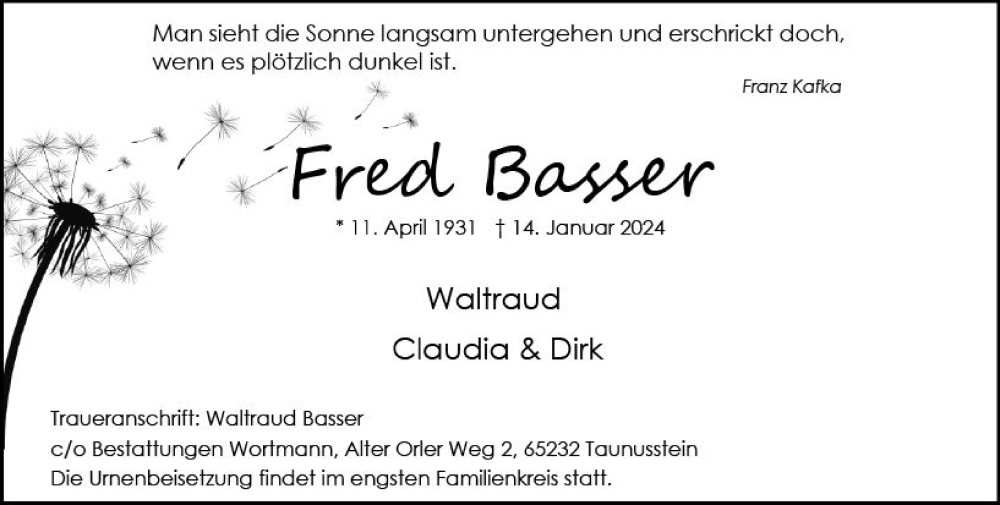  Traueranzeige für Fred Basser vom 20.01.2024 aus Wiesbadener Kurier
