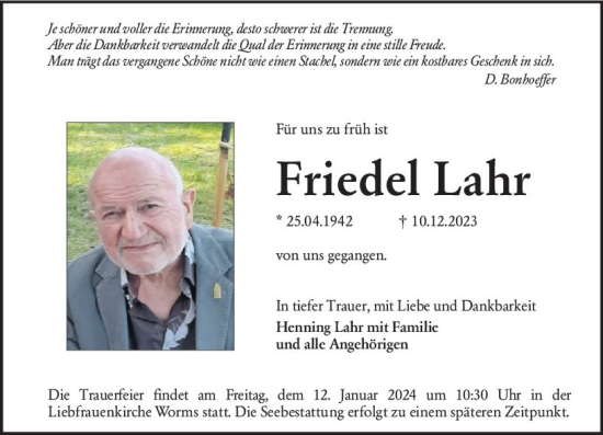 Traueranzeige von Friedel Lahr von Wormser Zeitung
