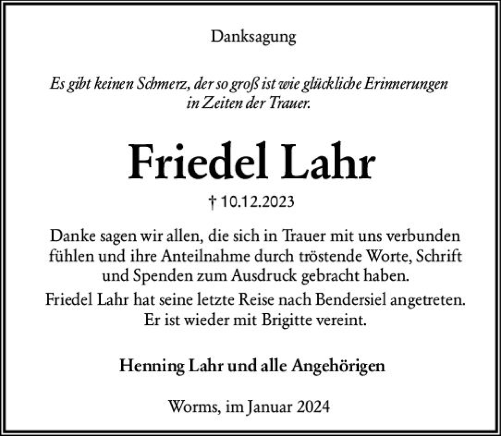  Traueranzeige für Friedel Lahr vom 27.01.2024 aus Wormser Zeitung