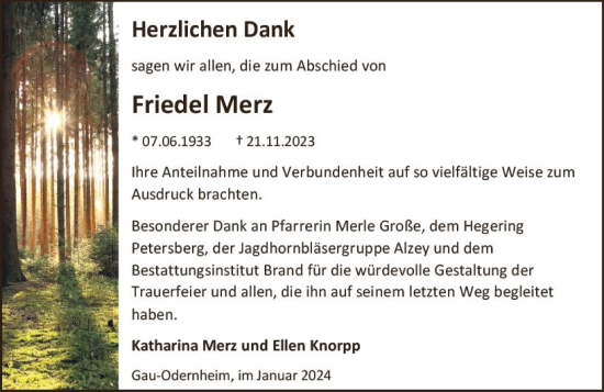 Traueranzeige von Friedel Merz von Allgemeine Zeitung Alzey
