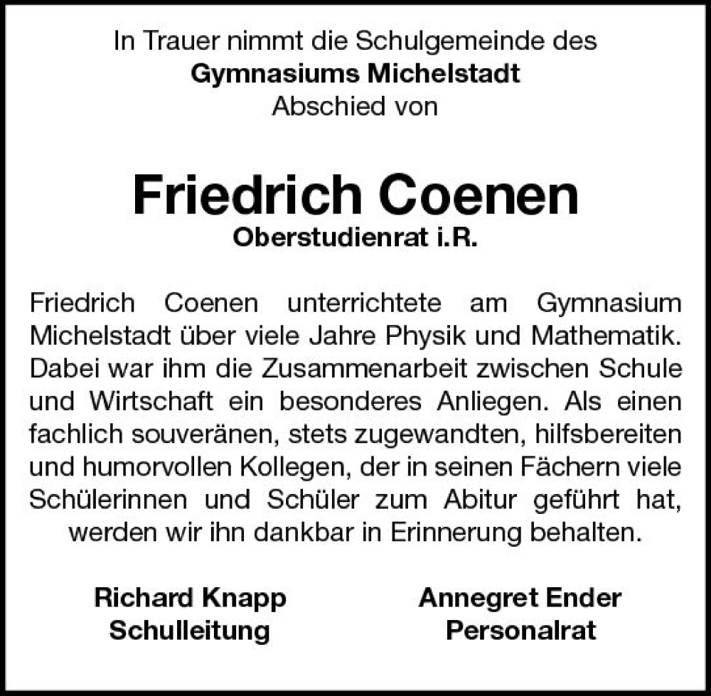  Traueranzeige für Friedrich Coenen vom 13.01.2024 aus Odenwälder Echo