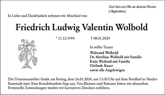 Traueranzeige von Friedrich Ludwig Valentin Wolbold von Darmstädter Echo