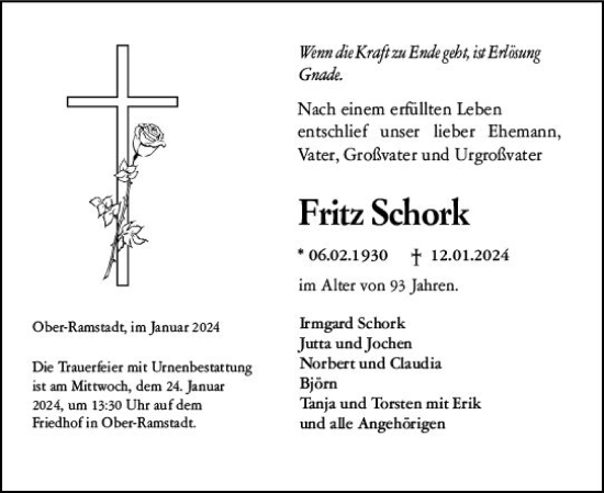 Traueranzeige von Fritz Schork von Darmstädter Echo