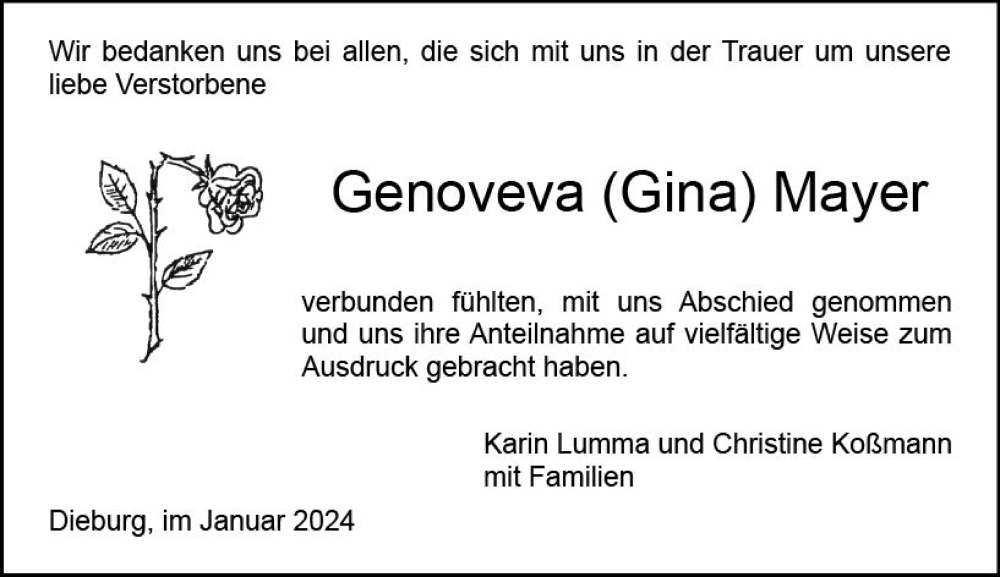  Traueranzeige für Genoveva Mayer vom 06.01.2024 aus Dieburger Anzeiger/Groß-Zimmerner Lokal-Anzeiger