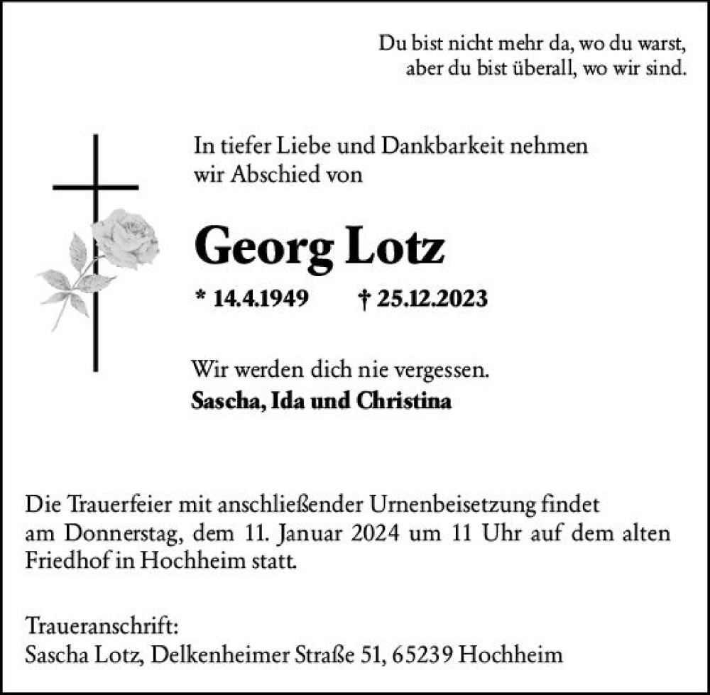  Traueranzeige für Georg Lotz vom 05.01.2024 aus Hochheimer Zeitung