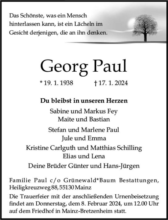 Traueranzeige von Georg Paul von Allgemeine Zeitung Mainz