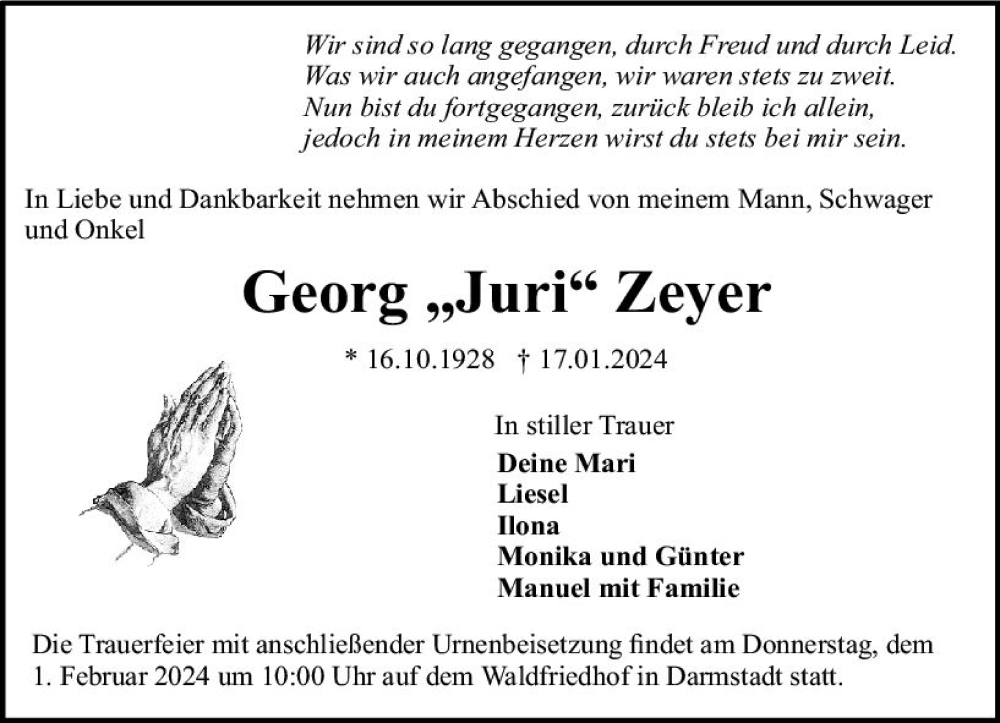  Traueranzeige für Georg Zeyer vom 27.01.2024 aus Darmstädter Echo