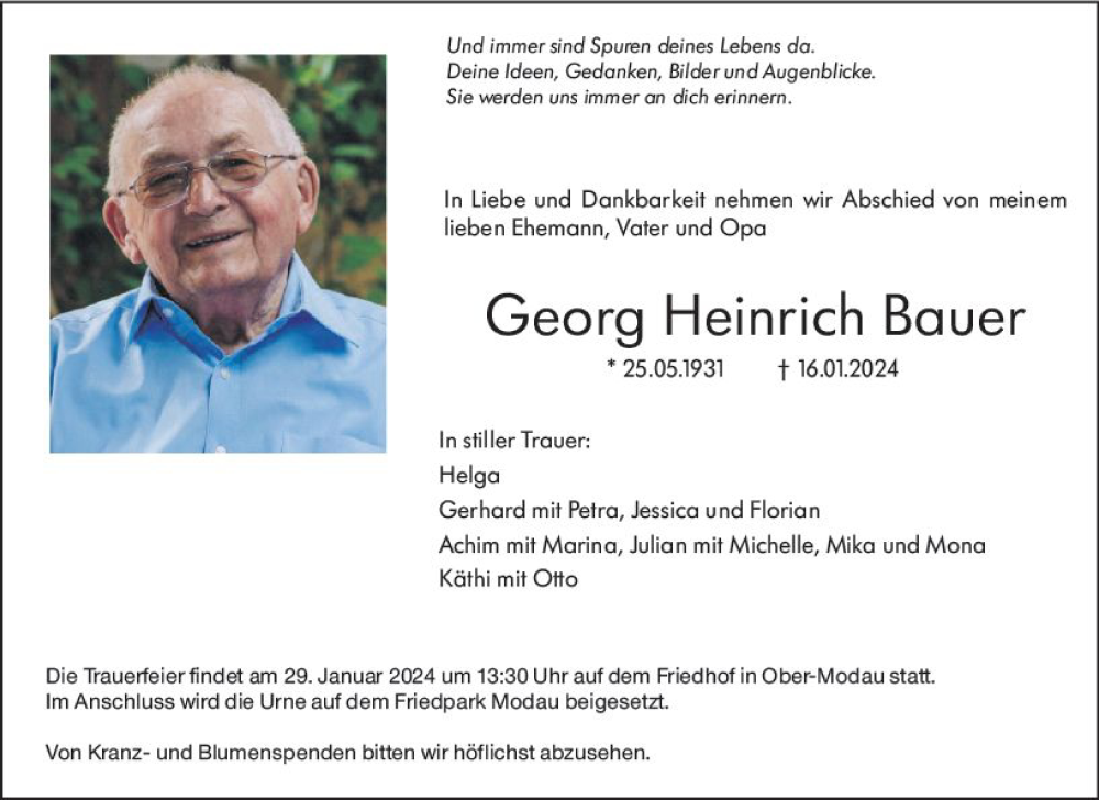  Traueranzeige für Georg Heinrich Bauer vom 27.01.2024 aus Darmstädter Echo