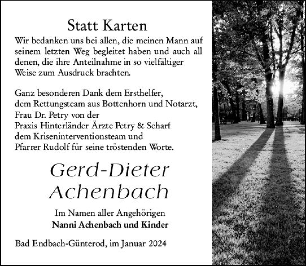  Traueranzeige für Gerd-Dieter Achenbach vom 26.01.2024 aus Hinterländer Anzeiger