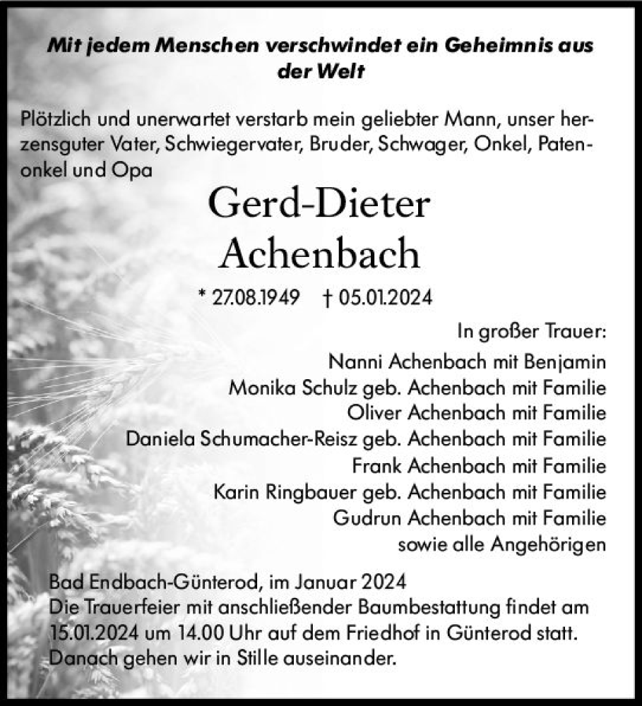  Traueranzeige für Gerd-Dieter Achenbach vom 10.01.2024 aus Hinterländer Anzeiger