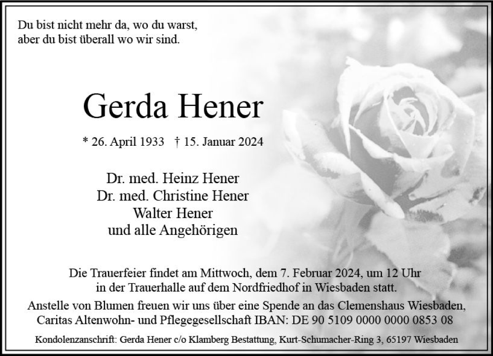  Traueranzeige für Gerda Hener vom 27.01.2024 aus Wiesbadener Kurier