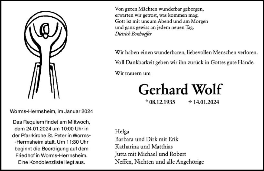  Traueranzeige für Gerhard Wolf vom 20.01.2024 aus Wormser Zeitung